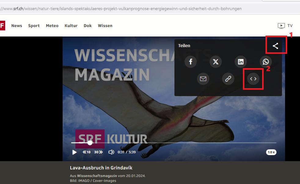 Anleitung zum Teilen eines SRF-Audiobeitrages. 1. Klicken auf Teilen 2. Klicken auf Code