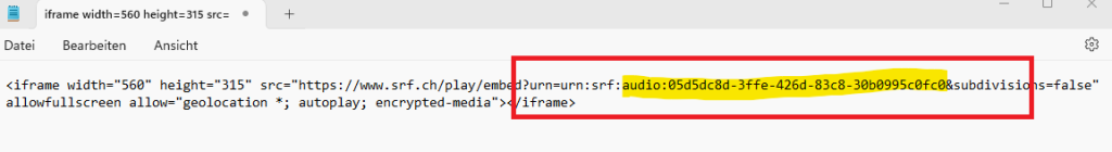 Embed-Code zum Rauskopieren der relevanten ID