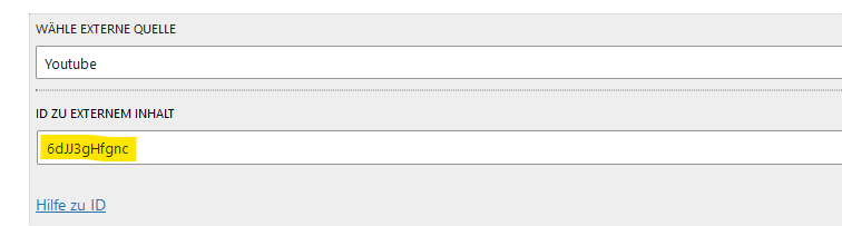 Eintrag von Youtube-Key im Plugin-Backend in das Feld ID zu externem Inhalt