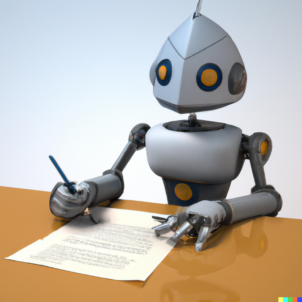 Dall-E2 Prompt: a robot-teacher correcting an essay on a piece of
