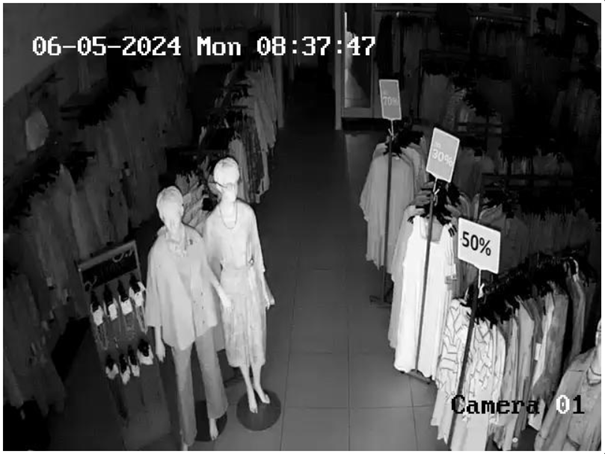 Webcam-Foto eines Shops in der Nacht. Zu sehen sind Schaufensterpuppen und Rabatt-Schilder. Quelle: Watching the World.