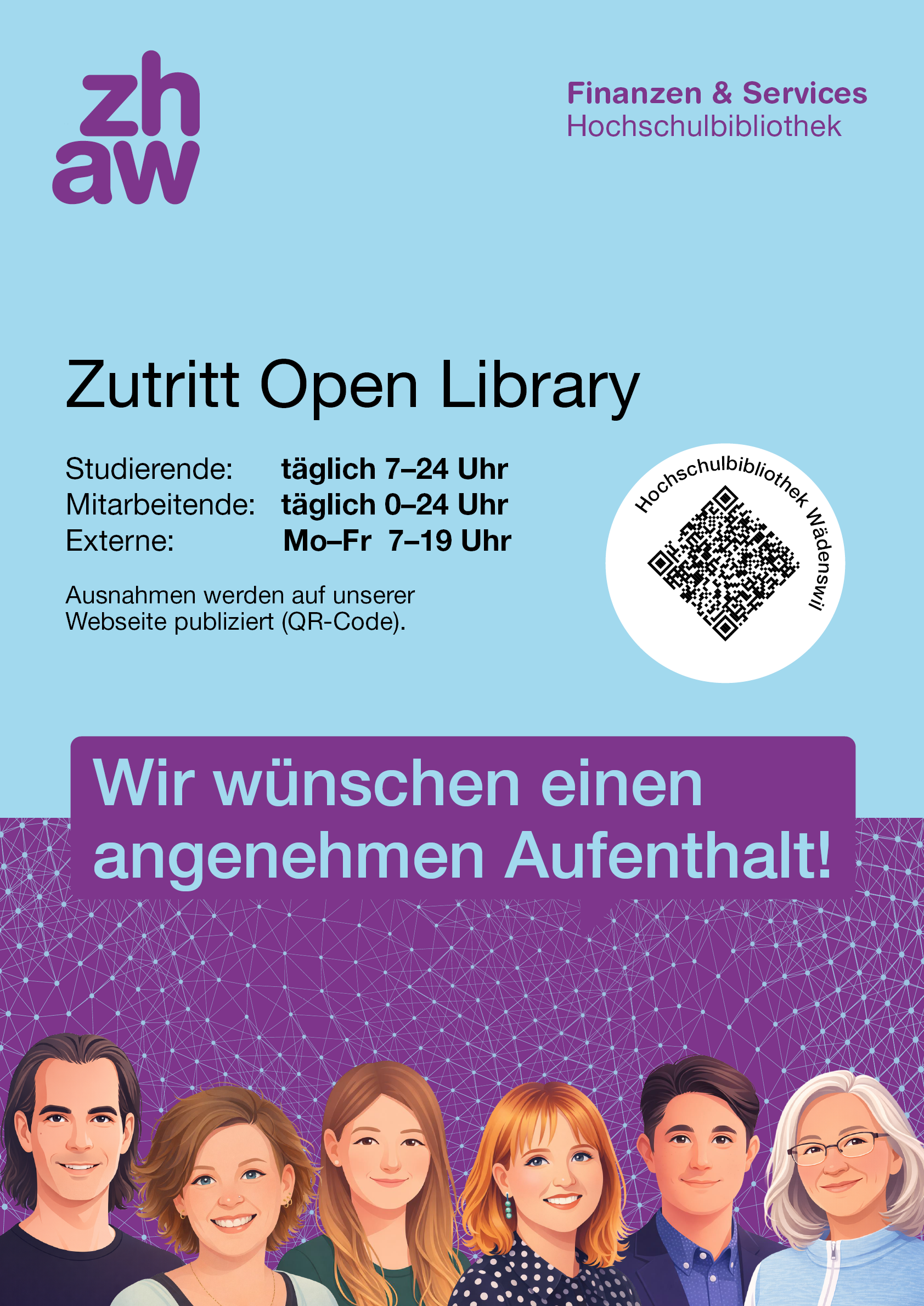 Die Bibliothek passt sich Ihrem Lern- und Arbeitsrhythmus an: Dank grosszügiger Öffnungszeiten steht sie Ihnen während vieler Stunden offen.