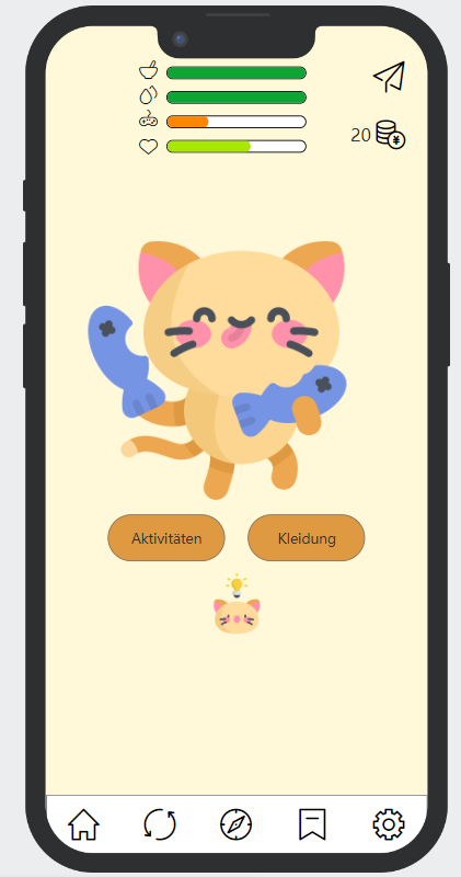 Abgebildet ist das Mockup der News-App "imagotchi". Man sieht eine Comic-Katze, die in den Bildschirm winkt.