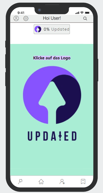 Man sieht das Mockup der News-App "updated". Dargestellt ist das Logo als ein violetter Pfeil, der nach oben zeigt und auf einem türkis-grünen Hintergrund abgebildet ist.