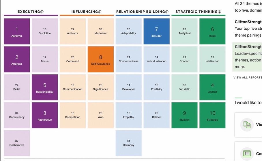 Abbildung des hypothetischen Modells. Mit dem erprobten Clifton Strengths-Finder können die eignen Stärken systematisch erkannt werden. Die Abbildung zeigt mit Farben, die eigenen Rolle in der Eventunternehmen.