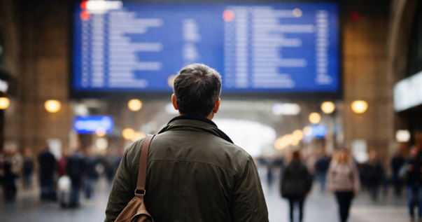 Mann vor Anzeigetafel HB Zürich
