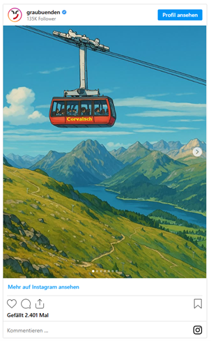 Instagram-Beitrag mit einer Illustration einer sommerlichen Alpenlandschaft in Graubünden im Stil von Studio Ghibli – grüne Wiesen, schneebedeckte Berge, traditionelle Häuser und klarer Himmel; das Bild wurde mithilfe von ChatGPT und einem Fotofilter stilisiert.