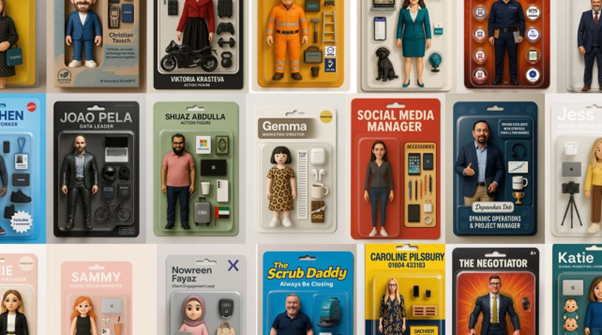 Das Bild zeigt eine Collage aus mehreren stilisierten Actionfiguren-Verpackungen, jede davon mit einer Figur und passendem Zubehör, wie man es von Spielzeugverpackungen kennt. Die Figuren stellen verschiedene reale oder fiktive Berufspersonen dar.
