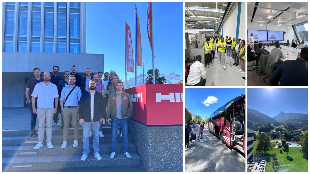 Gruppenfoto der Teilnehmenden des CAS Pricing vor dem Hilti-Gebäude in Schaan, dazu Werksführung, Seminarraum und Anreise im Bus
