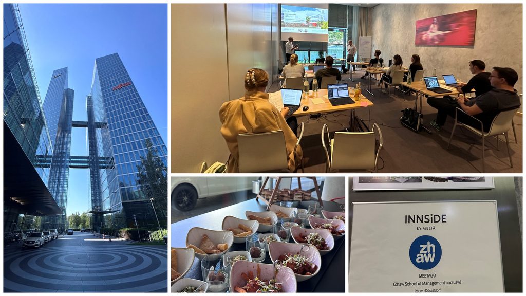 Collage vom Pricing Deep Dive in München: Hochhäuser, Seminarraum mit Teilnehmenden, Catering und Raumschild des Tagungshotels