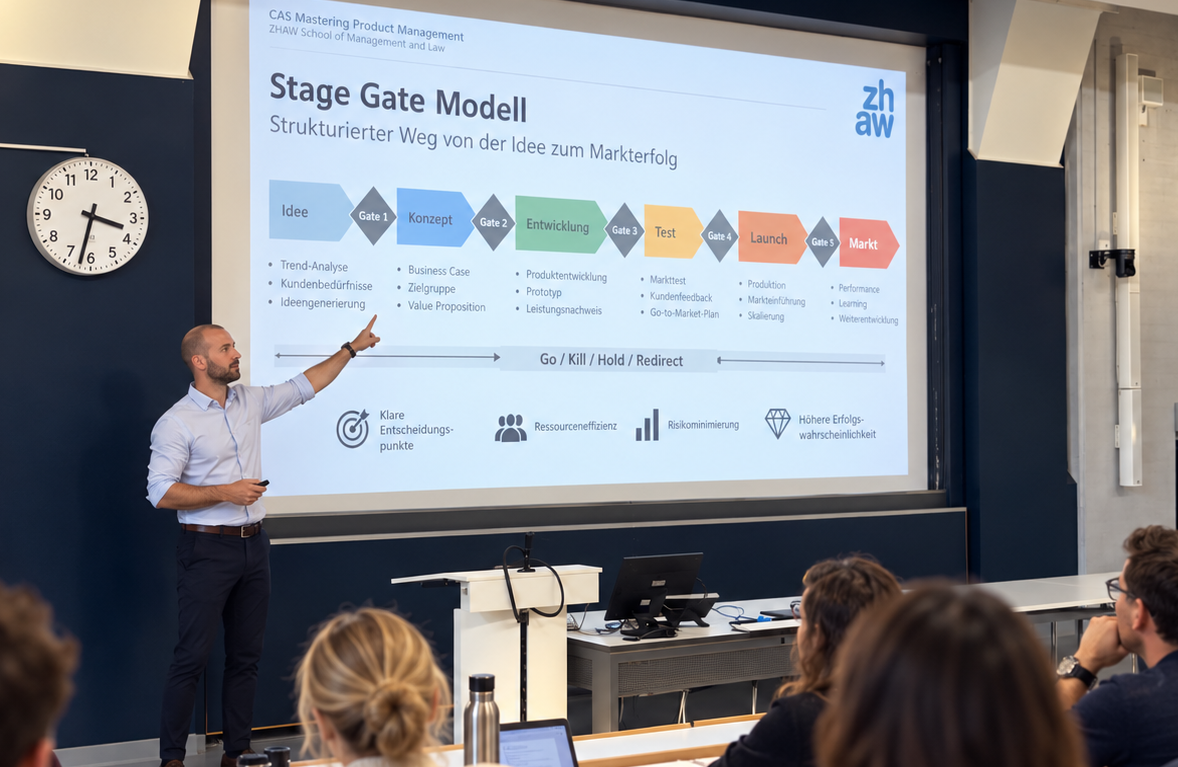 Dozent, Gianluca Galeno, erklärt im CAS Mastering Product Management an der ZHAW das Stage-Gate-Modell vor Teilnehmenden im Hörsaal