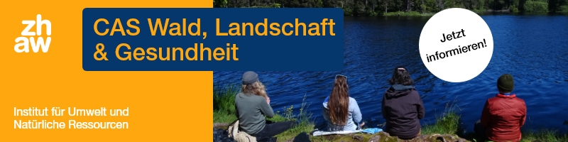 Banner zum CAS Wald, Landschaft & Gesundheit. Der Studiengang vermittelt wissenschaftlich fundierte Kenntnisse und praxisnahe Kompetenzen in Wald- und Landschaftstherapie sowie im gesundheitsfördernden Einsatz von Waldbaden und Achtsamkeit im Wald.