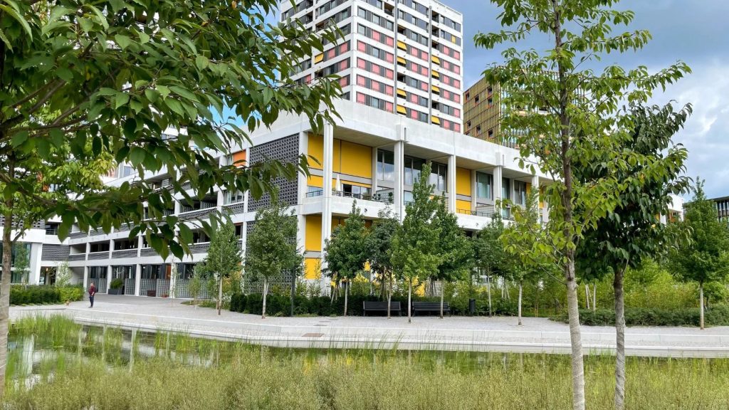 Begrünte Wohnüberbauung WolkenWerk in Zürich mit Retentionsbecken, Bäumen und wassersensibler Freiraumgestaltung nach dem Schwammstadt-Prinzip.