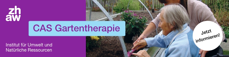 CAS Gartentherapie
Wissenschaftliche Studien zeigen: Gartentherapie kann das Wohlbefinden verbessern. In diesem CAS lernen Sie, gartentherapeutische Aktivitäten zu entwickeln und umzusetzen. Zudem erwerben Sie die Kompetenz, Pflanzen für therapeutische Interventionen gezielt einzusetzen. Gesundheit erhalten und fördern mit Gartentherapie: Das ist immer mehr gefragt.
