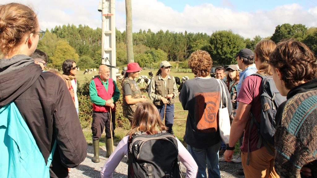 Teilnehmende der Agrobiodiversity Summer School 2026 besuchen den Milchviehbetrieb Casa Bértolo in Galicien und tauschen sich über nachhaltige Landwirtschaft aus.