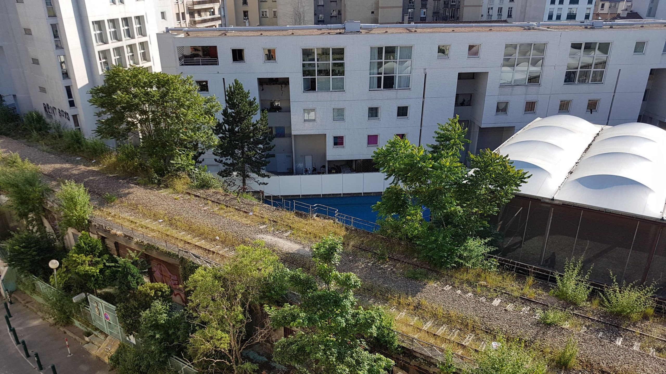 Bewachsenes Bahnareal mit stillgelegten Gleisen und Ruderalvegetation zwischen Gebäuden als Lebensraum für urbane Biodiversität.