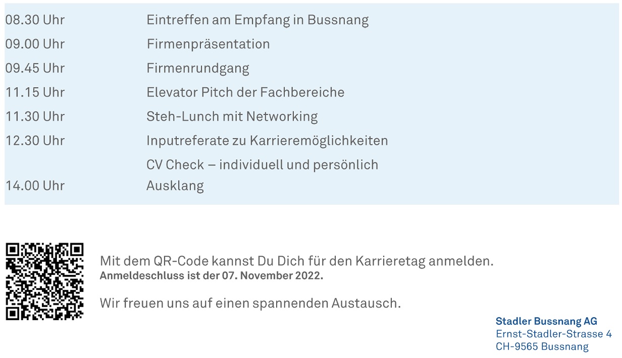Einladung zum Stadler-Karrieretag am 16. November 2022