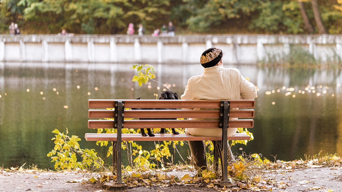 Ältere Frau mit Hund auf Bank sitzend am Ufer eines Sees