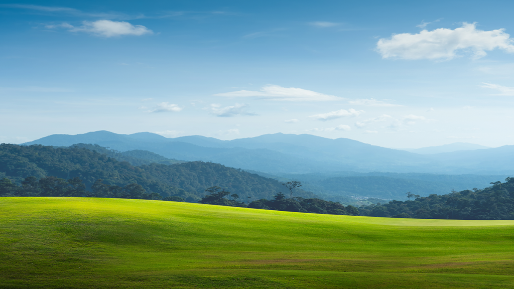 Landschaft mit grüner Wiese im Vordergrund, Hügel im Hintergrund